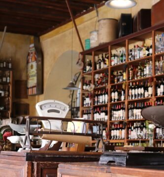brown wooden shelf with assorted items